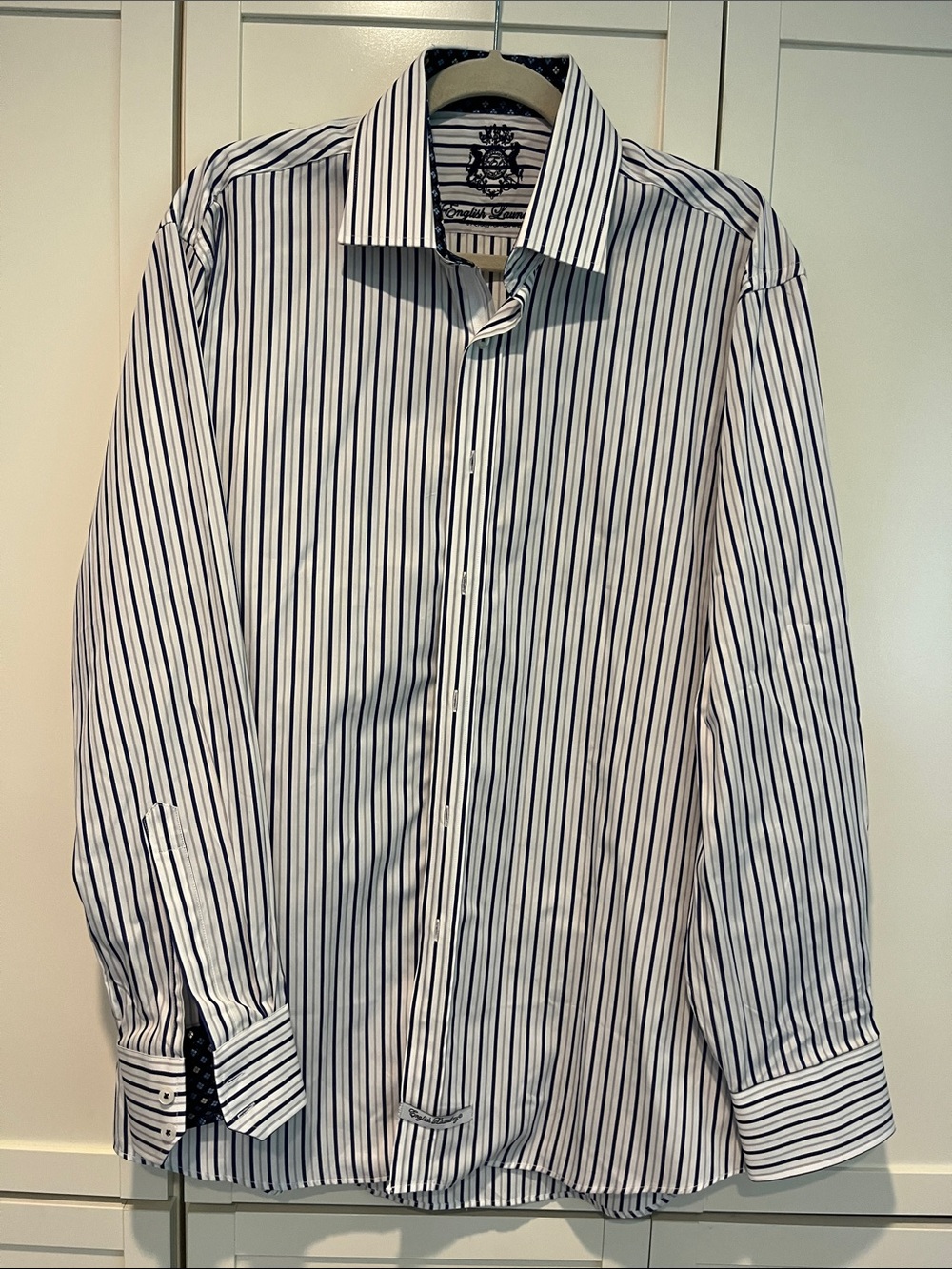 English Laundry White Dress Shirt with Navy Vertical Stripes